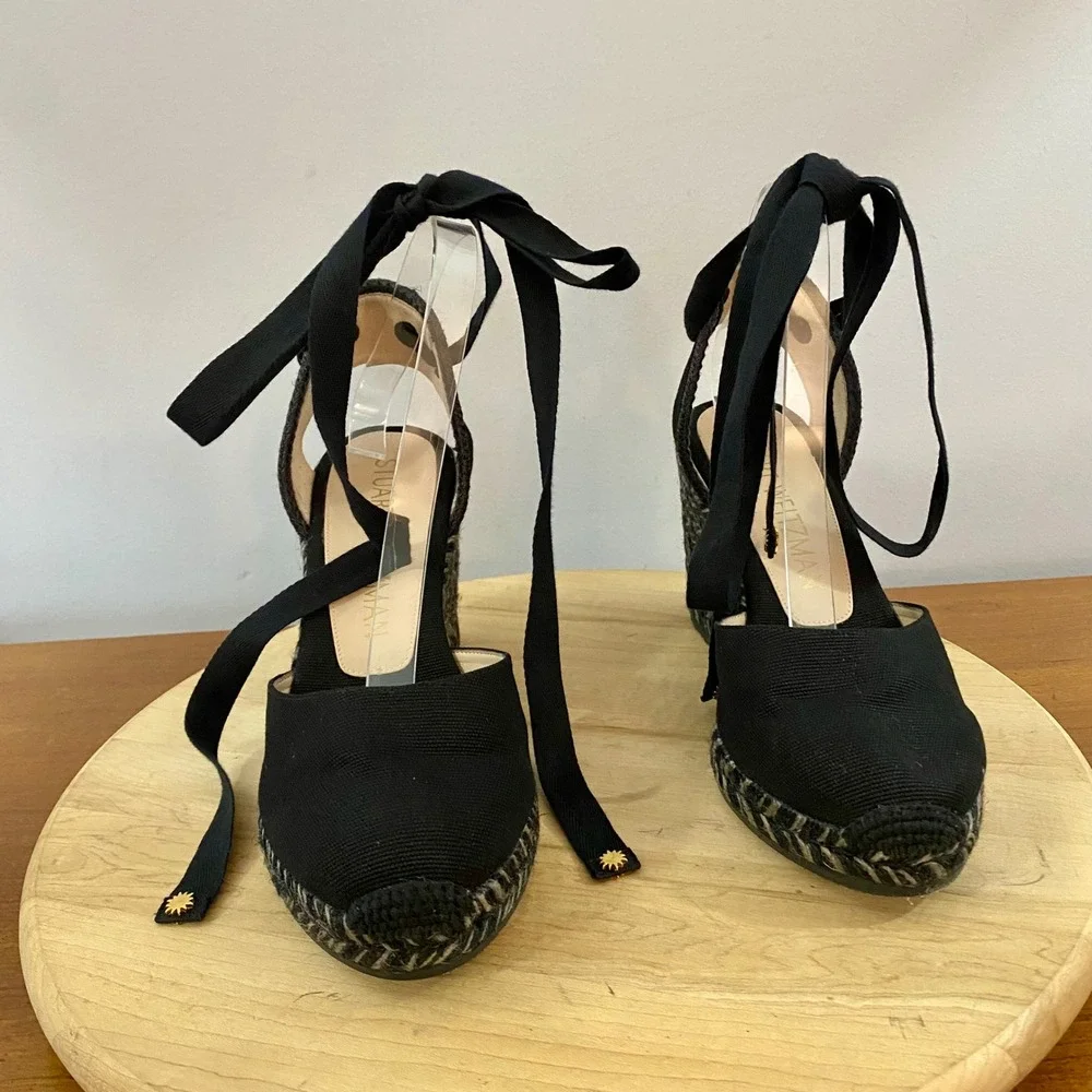 Stuart Weitzman Marguerita Espadrille Wedge Sandals Black Ankle Tie Wrap Sz 8.5C